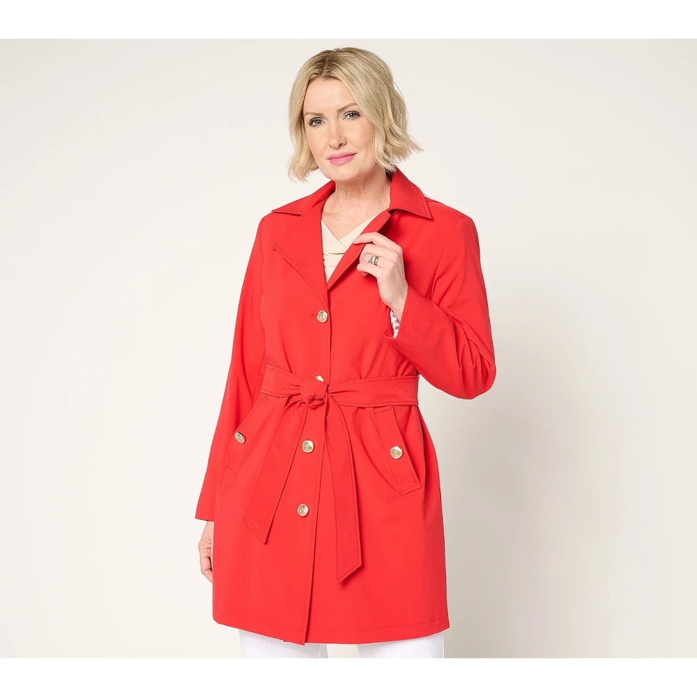 Dennis Basso Regular Water Resistant Trench Coat with Hood, Tomato Red: 3X #613T